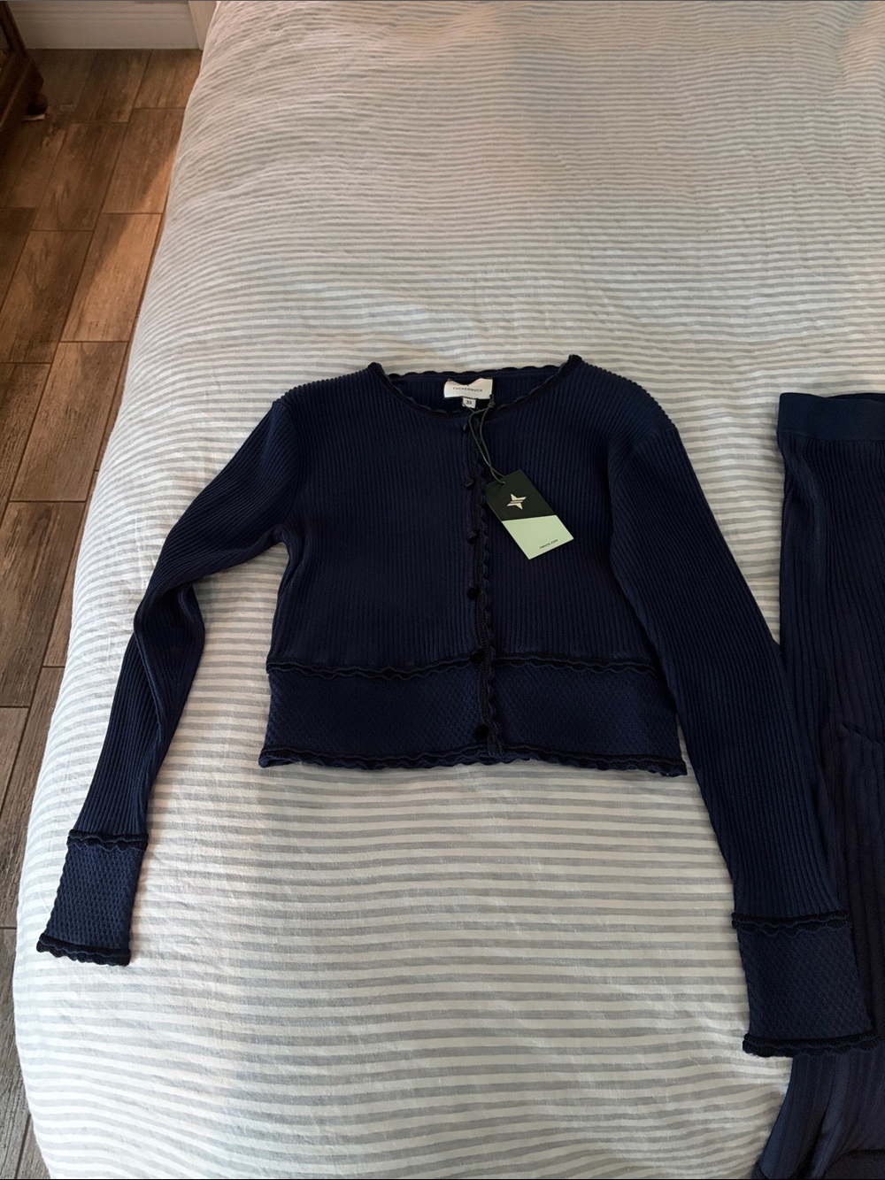 Tuckernuck Navy Ribbed Scallop-Trim Cardigan